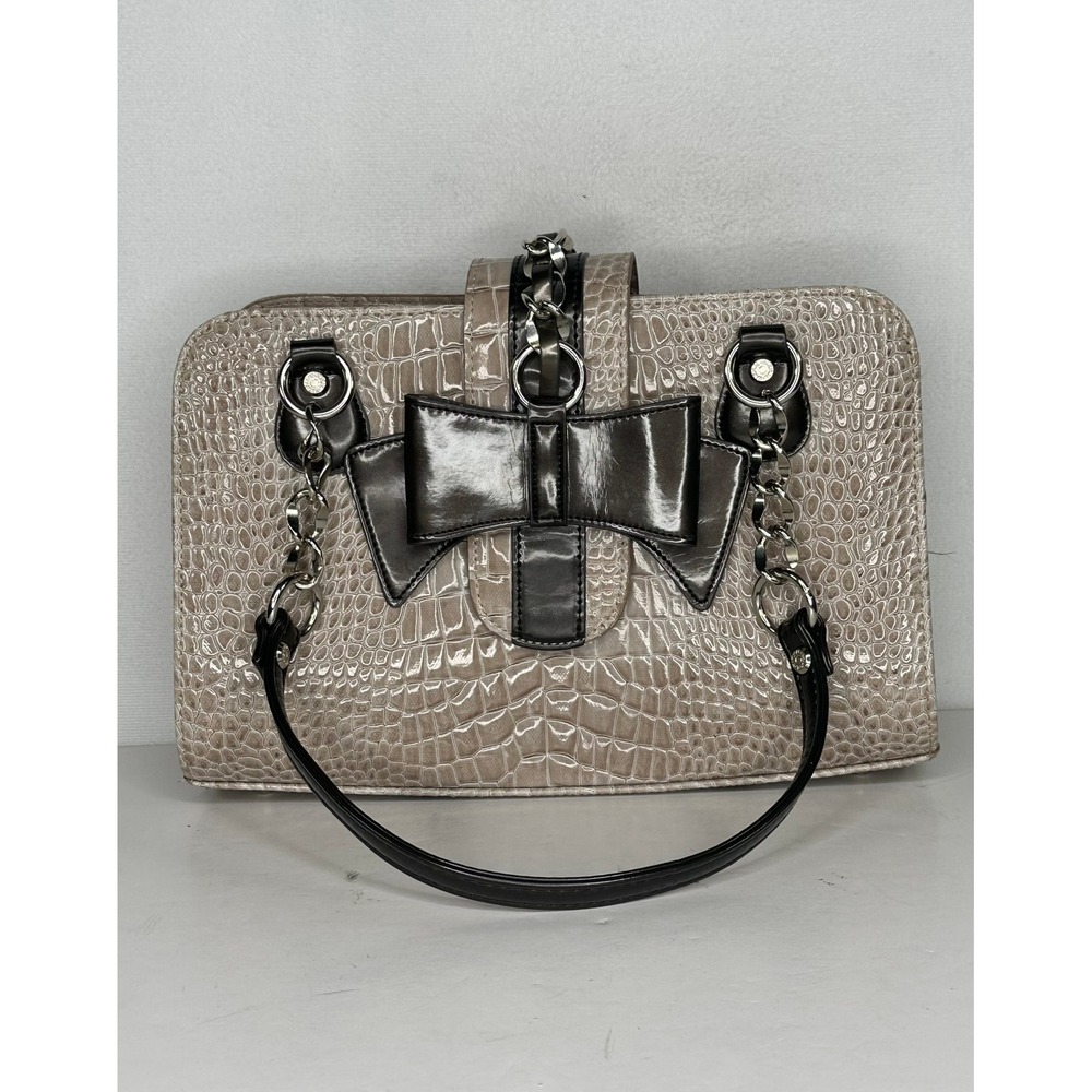 Dima Borsa Beige Croc Embossed Bow Shoulder Bag Silver Chain Satchel Girly